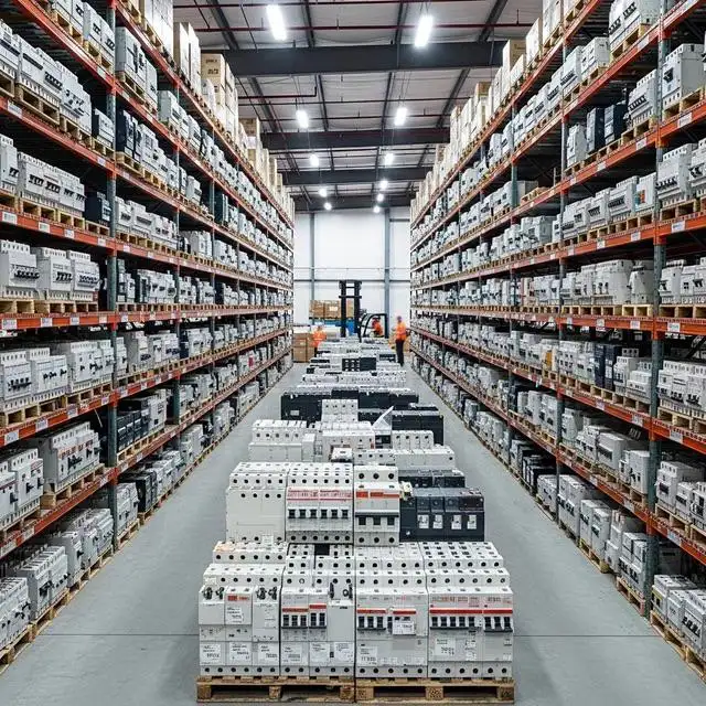 Warehouse aisle stacked with circuit breakers and electrical components