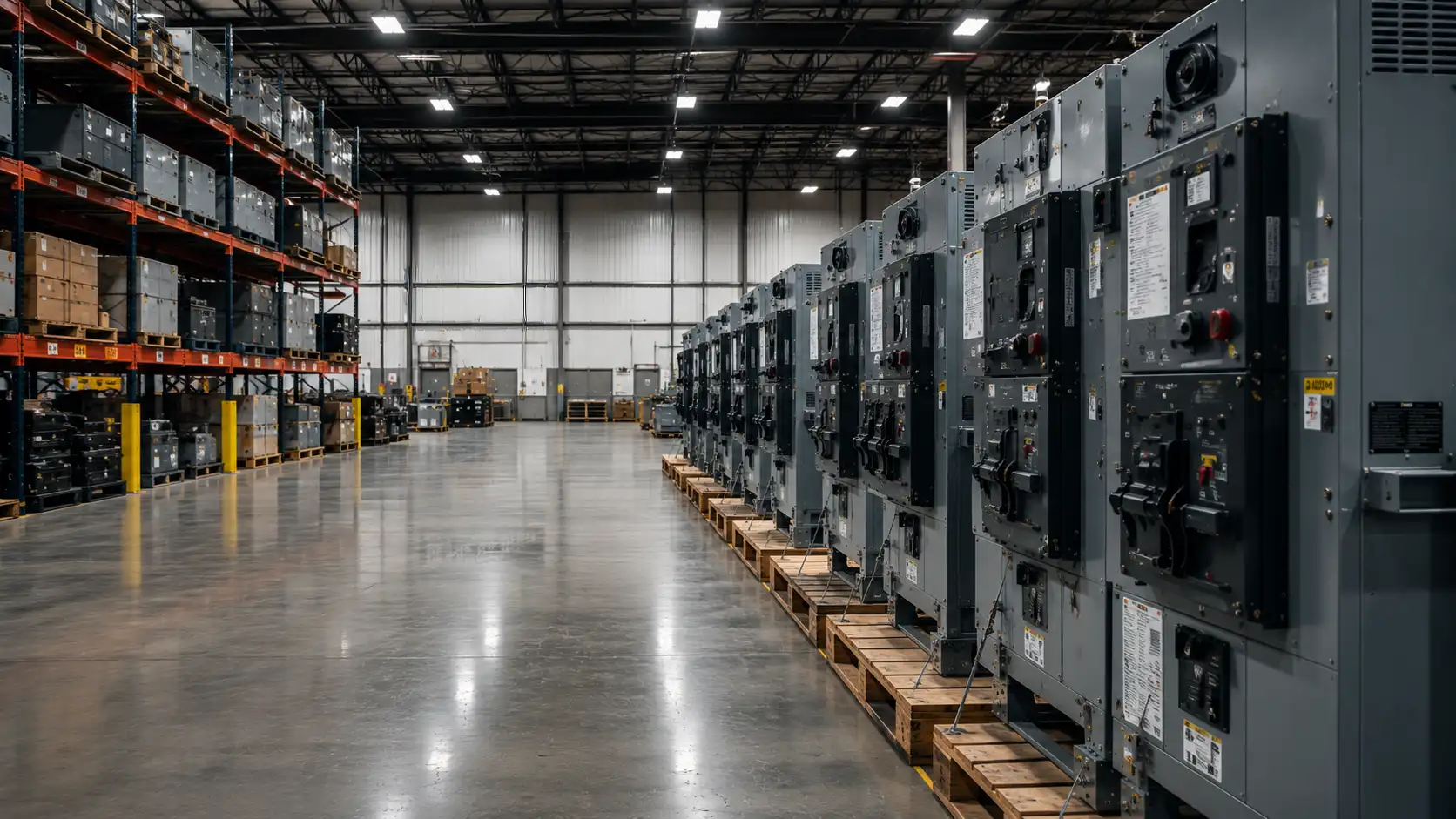 Rows of surplus switchgear staged on pallets in the Brilliant warehouse
