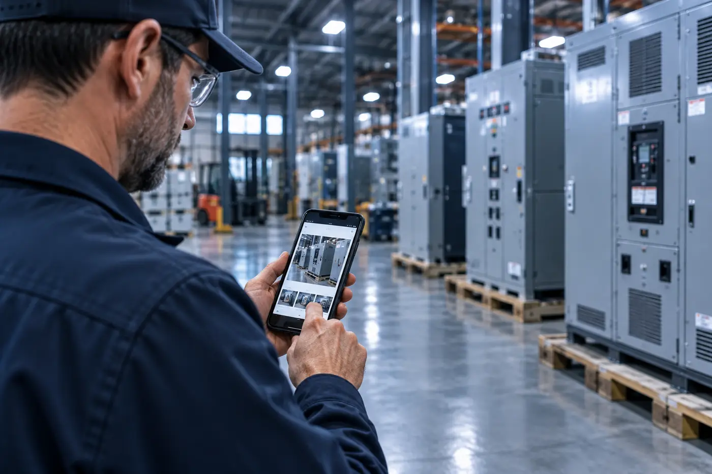 Technician photographing switchgear nameplates on a phone in the warehouse